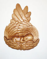 a wood carving of a baby sleeping in a pineapple