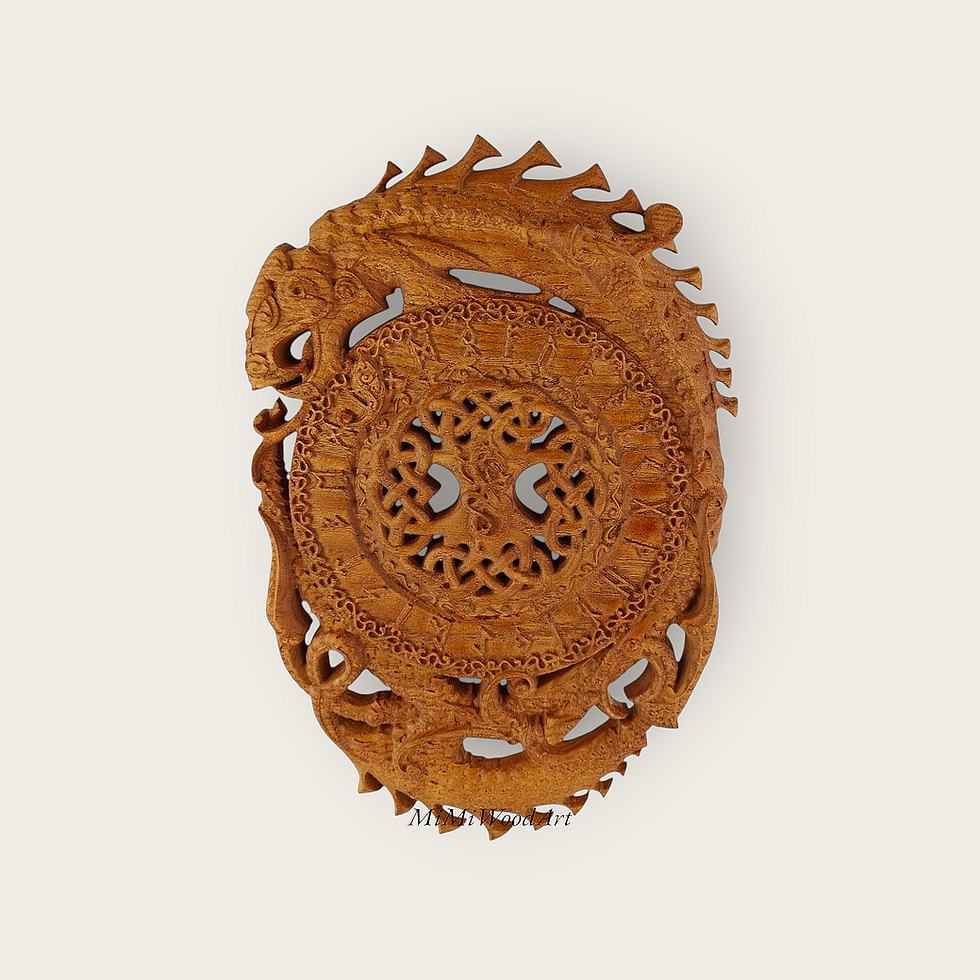 Spiral dragon mandala carved in ash wood with cherry finish, symbolic wall art