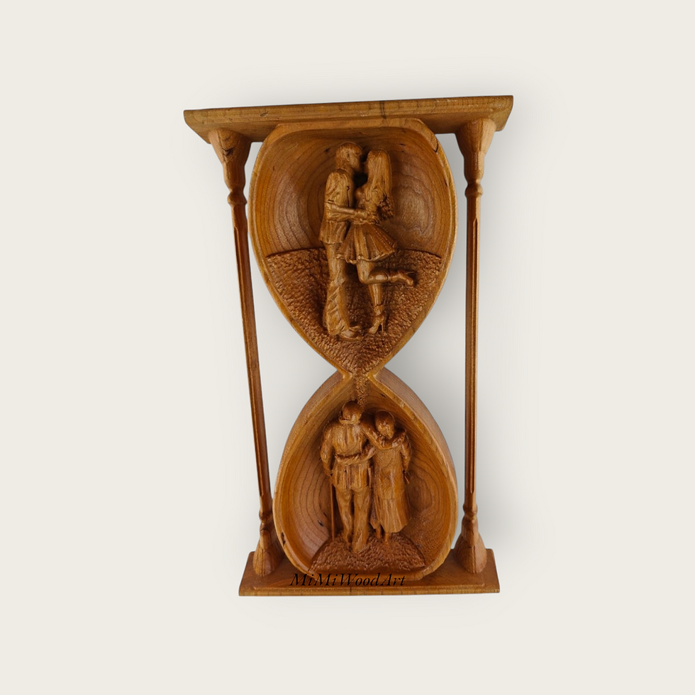 Hourglass cherry wood sculpture showing couple through time, polished with French shellac