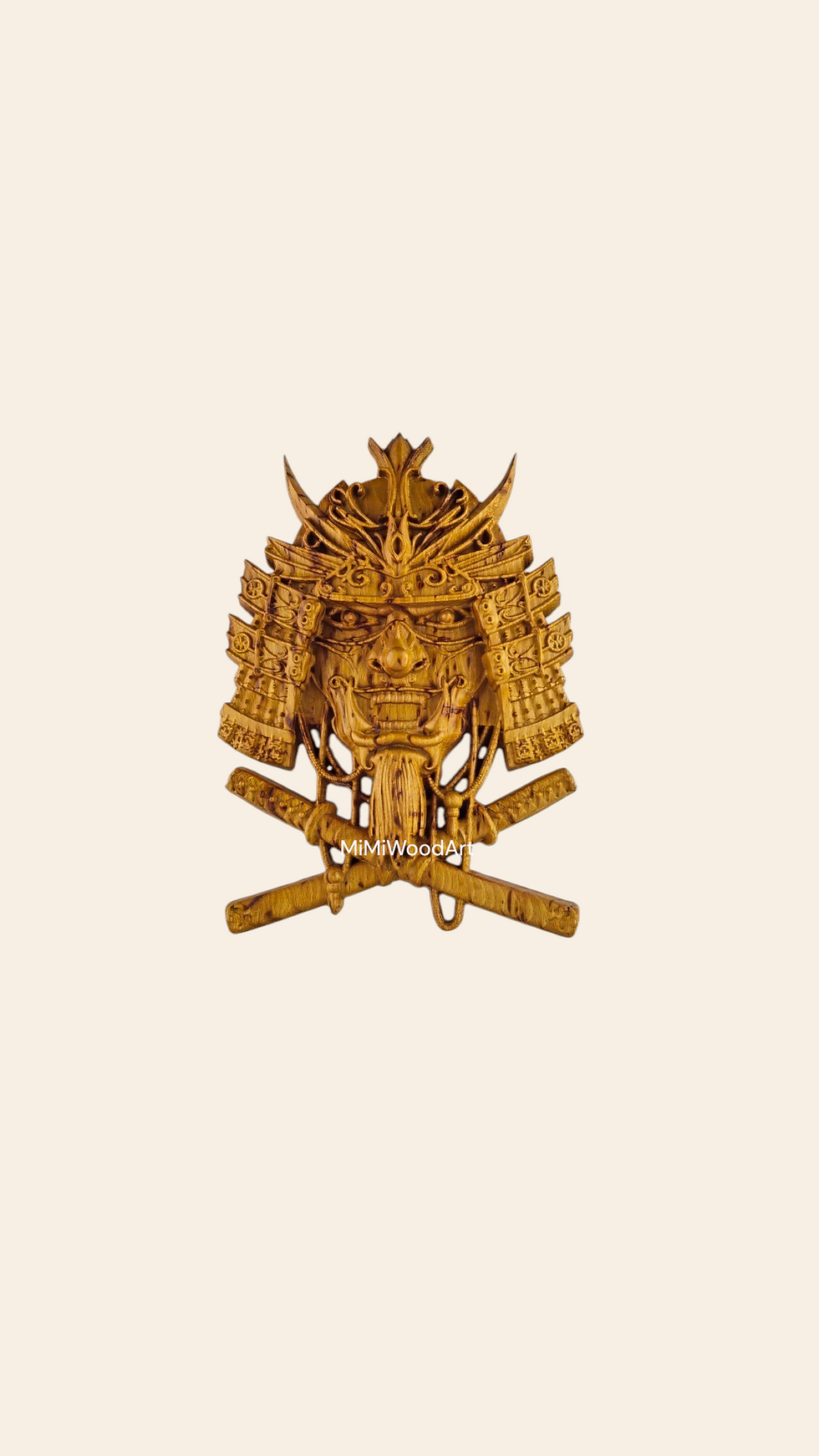 Samurai Warrior Mask with Twin Katanas – Wooden Wall Art