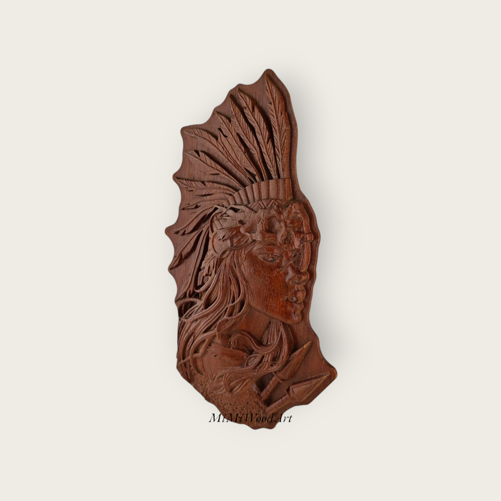 Warrior woman portrait in eucalyptus wood with natural oil finish and feather headdress