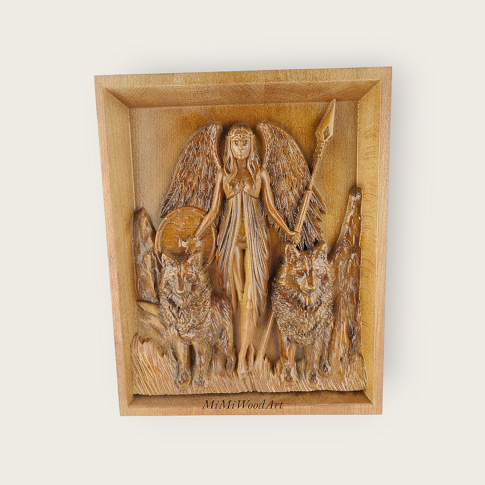 Valkyrie relief carving in ash wood with cherry finish, Norse myth warrior art