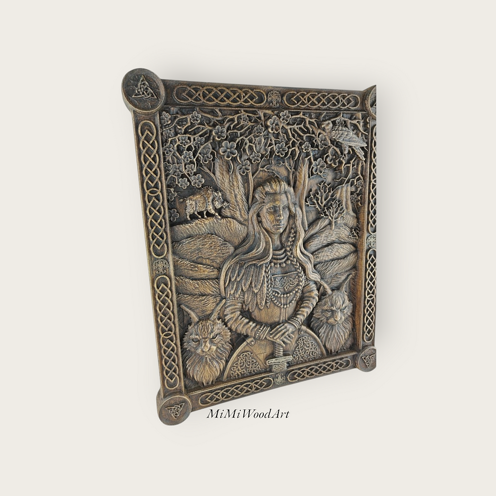 Thumbnail: Freyja Viking goddess plaque in oak wood with gothic finish, framed Norse art