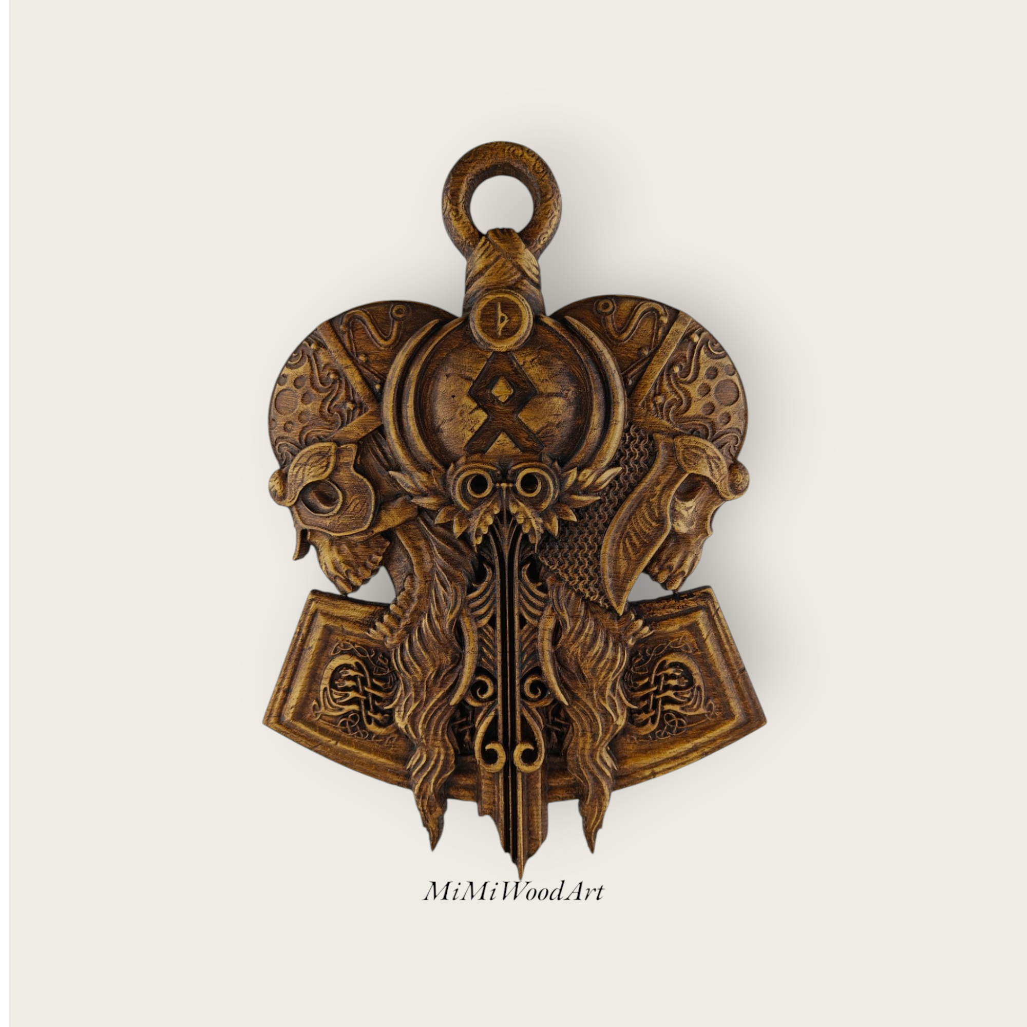 Ash wood Viking amulet with rune, warriors, and dragon motifs, gothic patina