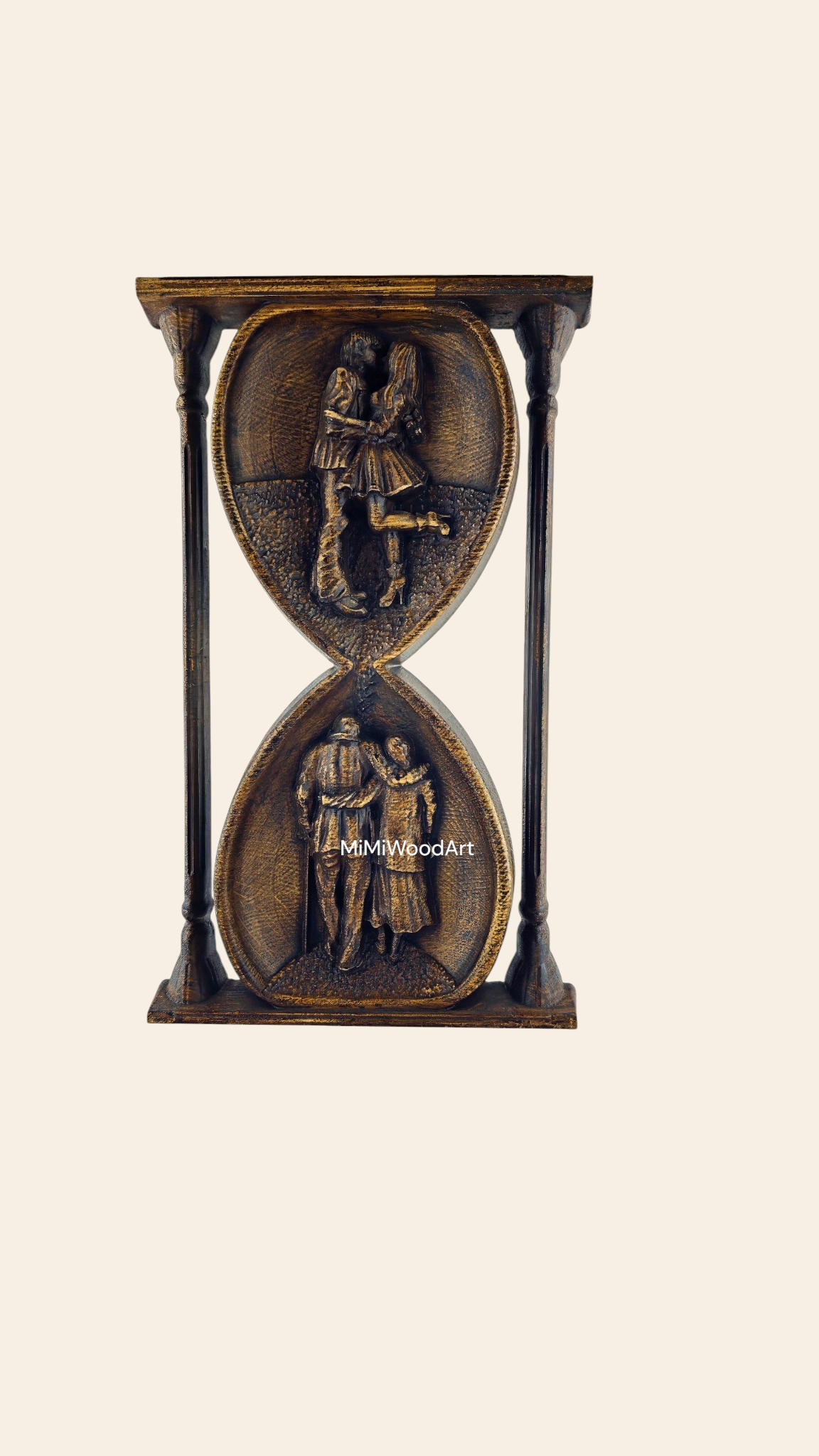 Hourglass cherry wood sculpture showing couple through time, polished with French shellac