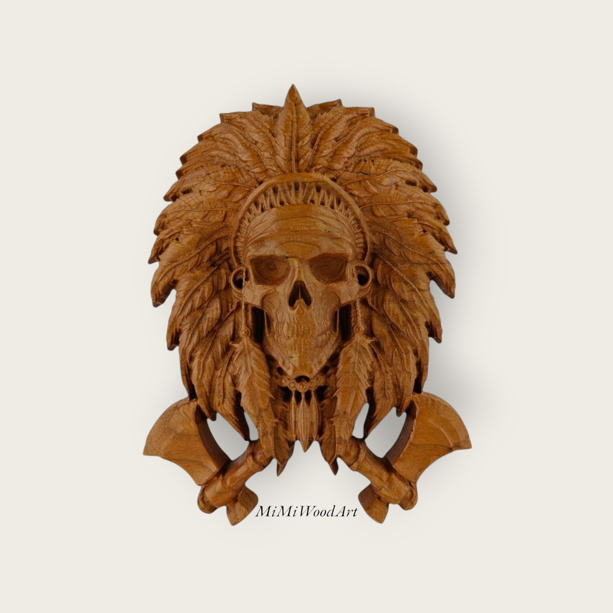 Cherry wood warrior skull with feather crown and crossed blades, natural oil finish