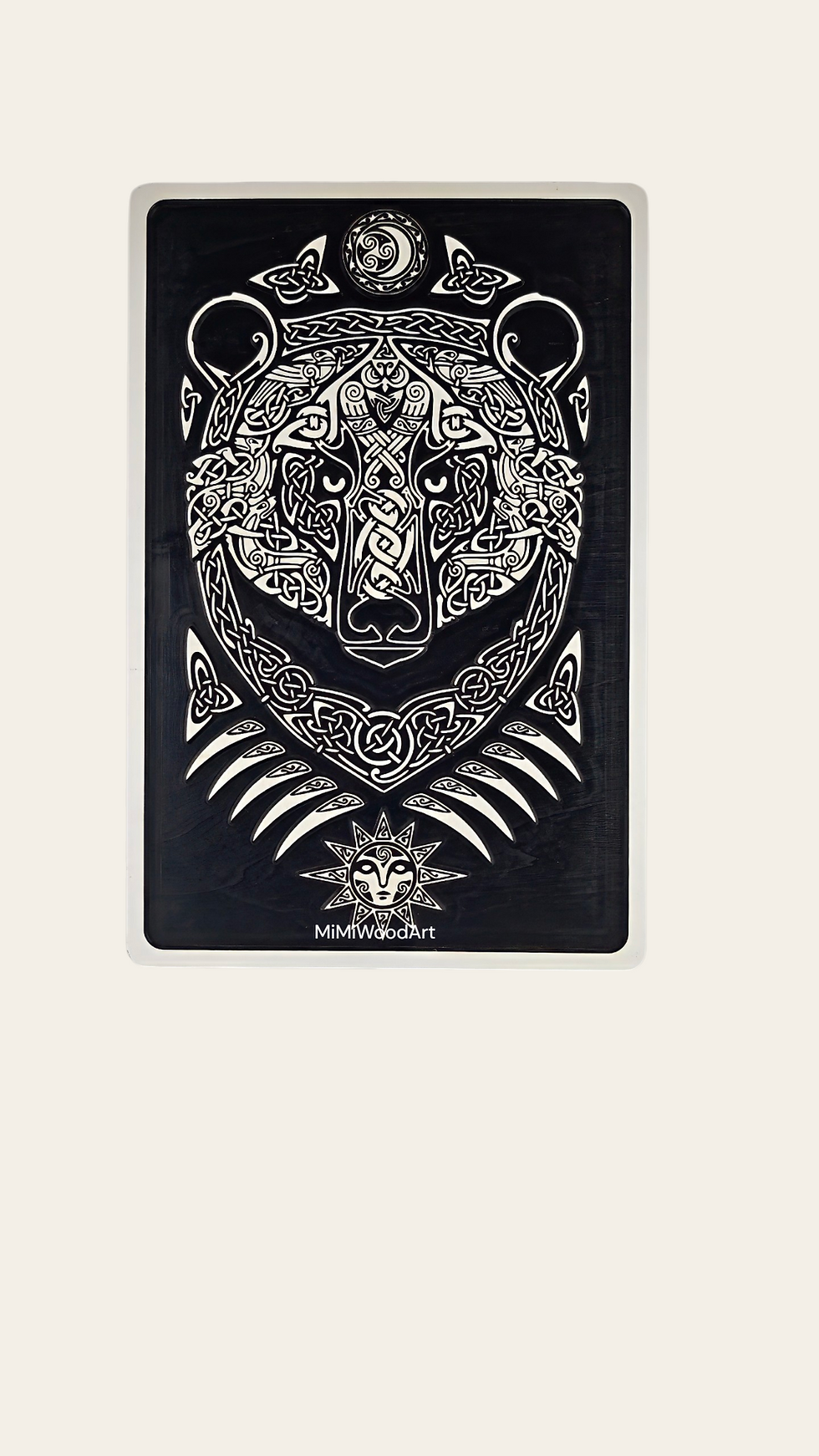 Hand-painted black and white birch plywood Celtic Bear wooden wall art featuring Celtic knotwork, Triskelion, and Triquetra s