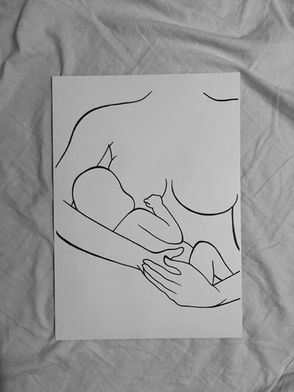 a black and white drawing of a woman holding a baby in her arms .