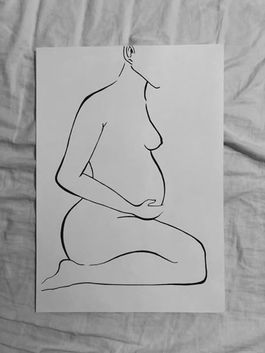 a black and white drawing of a pregnant woman kneeling down .