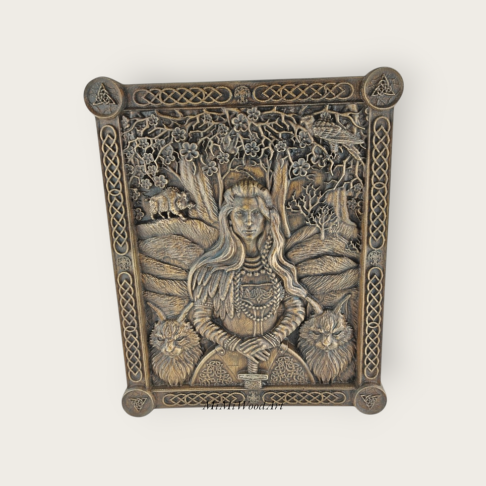 Freyja Viking goddess plaque in oak wood with gothic finish, framed Norse art