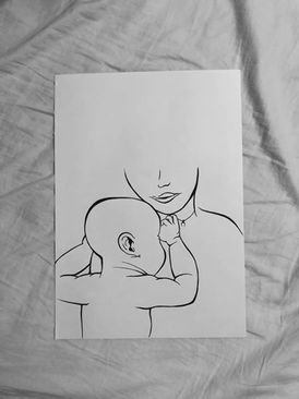 a black and white drawing of a woman holding a baby .