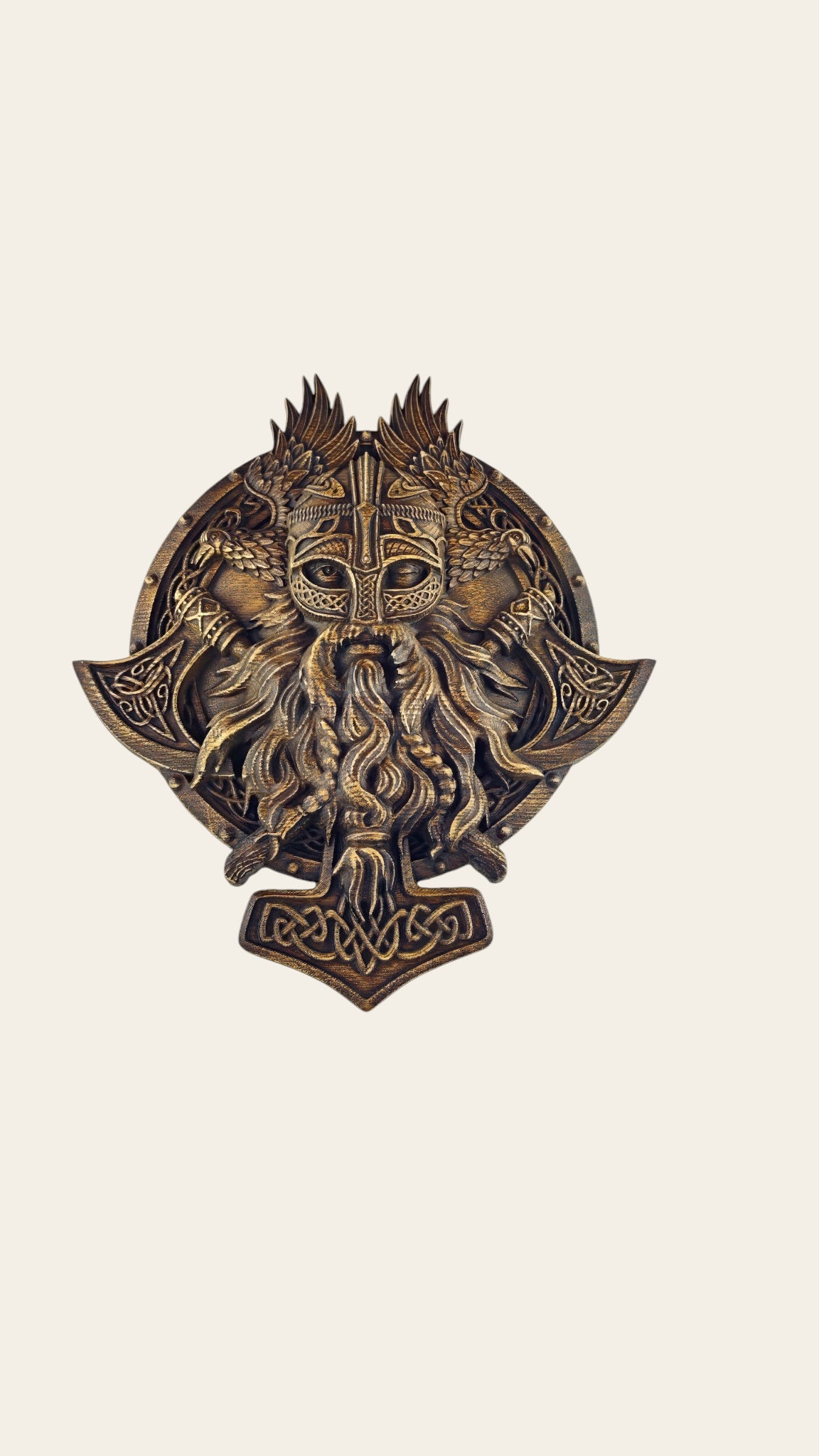 Handcrafted ash wood Viking warrior wall art featuring ravens, Viking axes, and Celtic knotwork with gothic patina finish