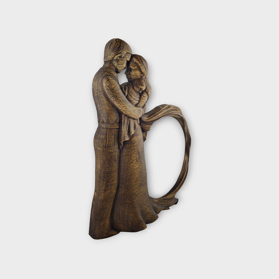 Thumbnail: Wood carved family holding newborn baby forming photo frame reclaimed ash wood
