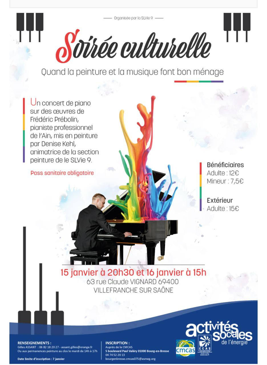 "Soirée Culturelle" les 15 et 16 janvier 2024 à Villefranche sur Saône - quand la peinture et la musique font bon ménage -