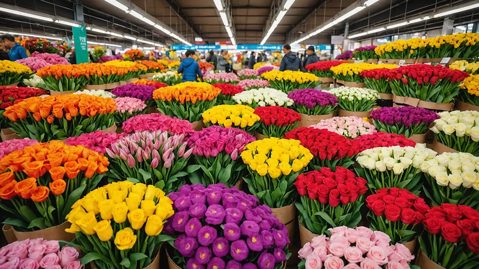 Eye-level view of vibrant flower market filled with colorful bouquets