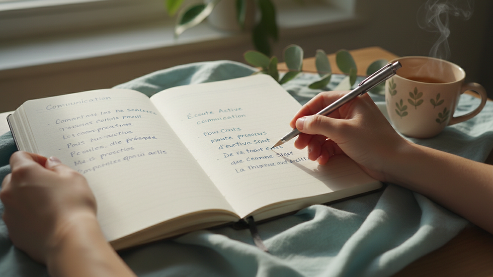 Vue rapprochée d’un carnet ouvert avec des notes manuscrites sur la communication