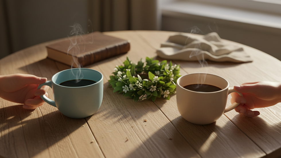 Vue en plongée d’une table avec deux tasses de café, symbole de discussion apaisée