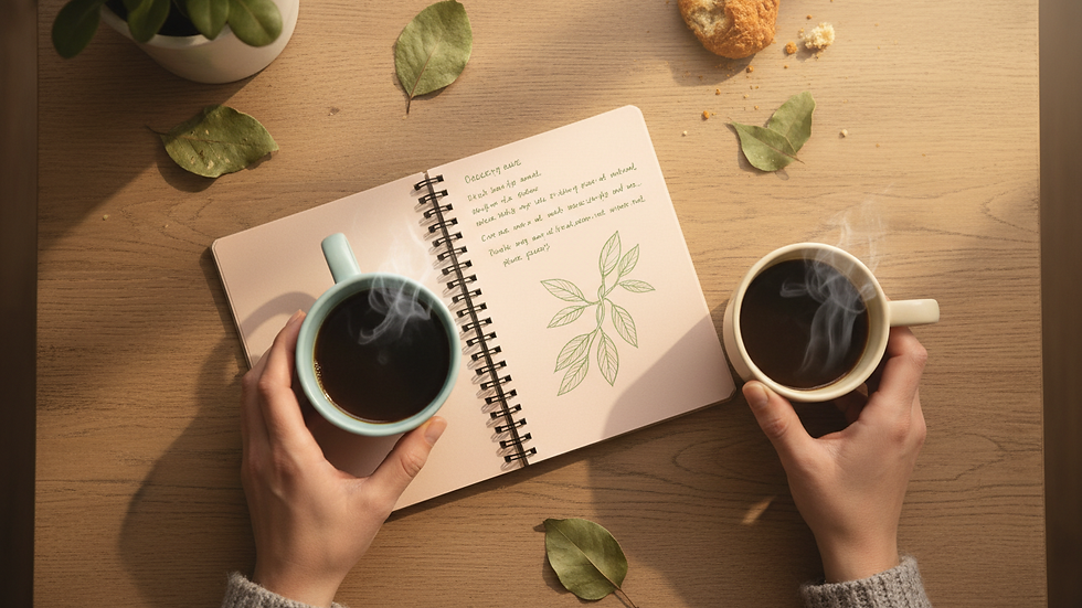 Vue en plongée d’une table avec deux tasses de café et un carnet de notes
