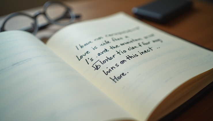 Vue rapprochée d’un carnet ouvert avec des notes manuscrites sur la réconciliation amoureuse