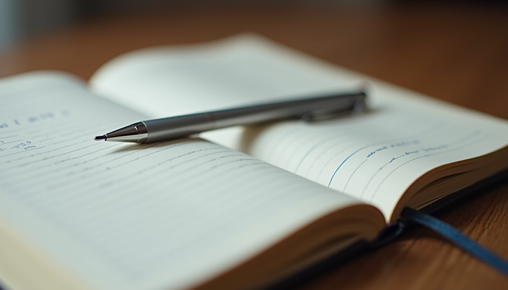 Vue rapprochée d’un carnet ouvert avec un stylo posé dessus, symbolisant la réflexion et la prise de notes personnelles