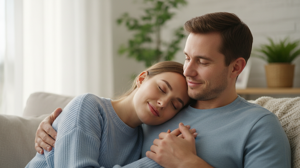 Vue rapprochée d'un couple partageant un moment de complicité dans un salon cosy