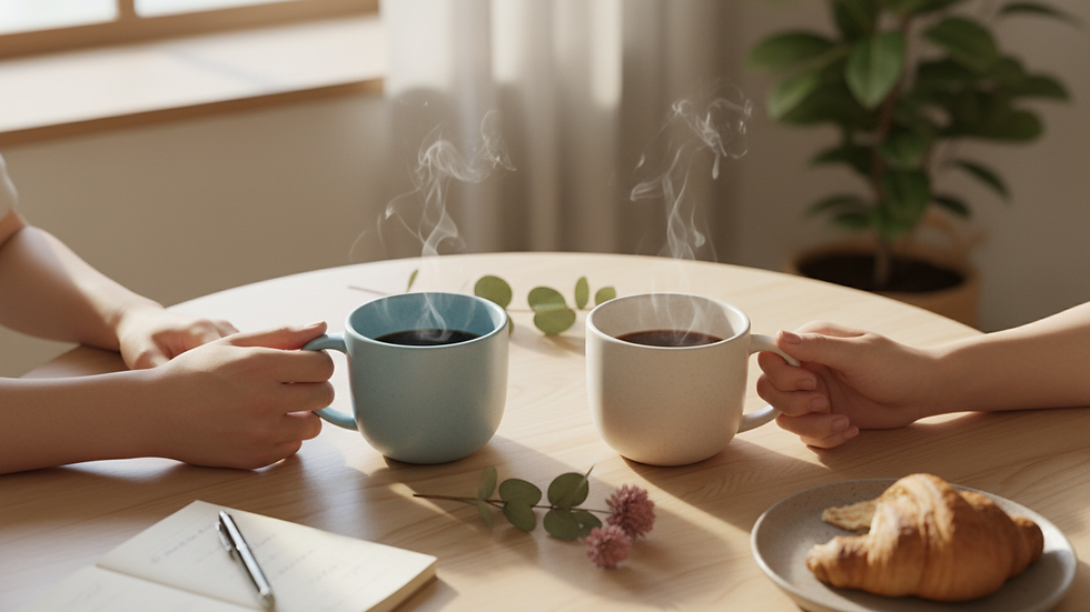 Vue en plongée d’une table avec deux tasses de café, symbole de discussion apaisée