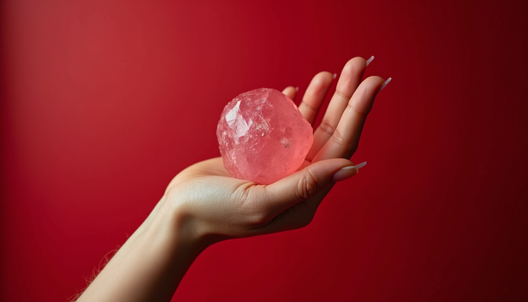 Vue rapprochée d’une main tenant un quartz rose sur un fond de tissu rouge