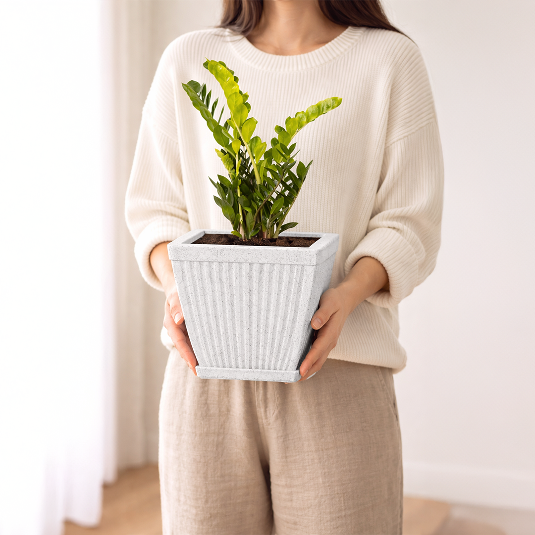 Garden's Need — 10 inch (25 cm) Paris Square Planter UV Resistant, Lightweight White Marble Pot