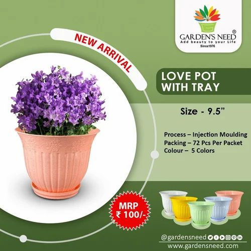 Garden's Need — Love Pot With Tray 9.5 Inch Plastic Flower Pot — 9.5 Inch Planter