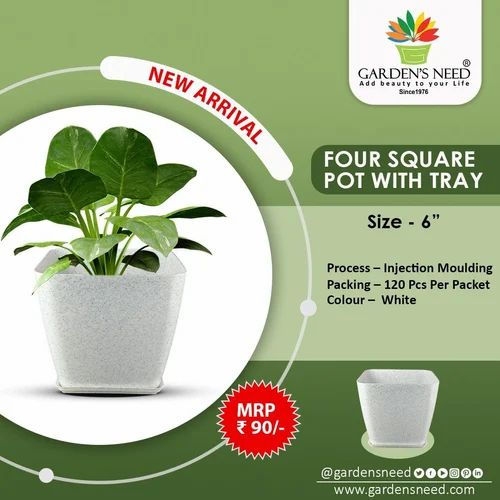 Garden's Need — Four Square Pot With Tray 6 Inch Modern Planter — 6 inches