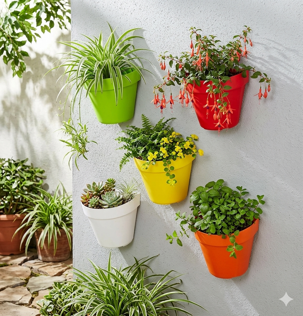 Garden's Need — 7 inch (18 cm) Designer Wall Mount Hanging Planters (Set of 5, Multi) Stylish Hanging Pots for Indoor &
