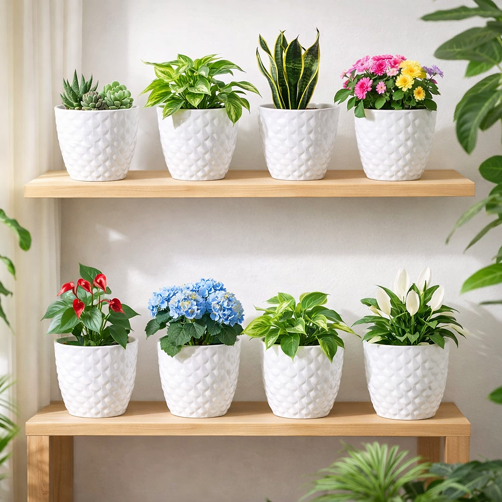 Garden's Need — 6 inch (15 cm) Kohinoor Round Planter Set of 8 White Plastic Pots for Home, Garden & Office Decor