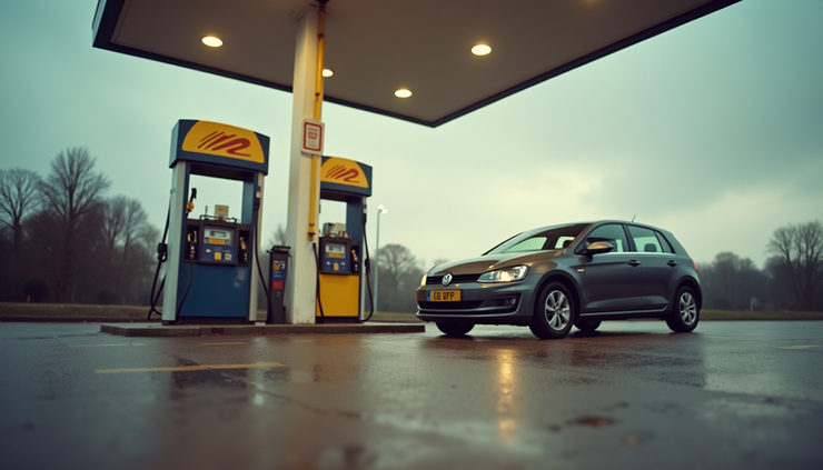 Eye-level view of a petrol pump at a Suffolk forecourt with a car parked beside it