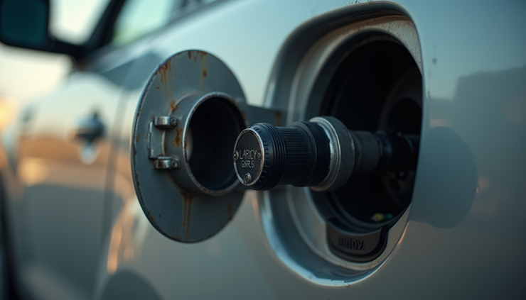 Close-up view of a diesel fuel tank with a fuel nozzle inserted