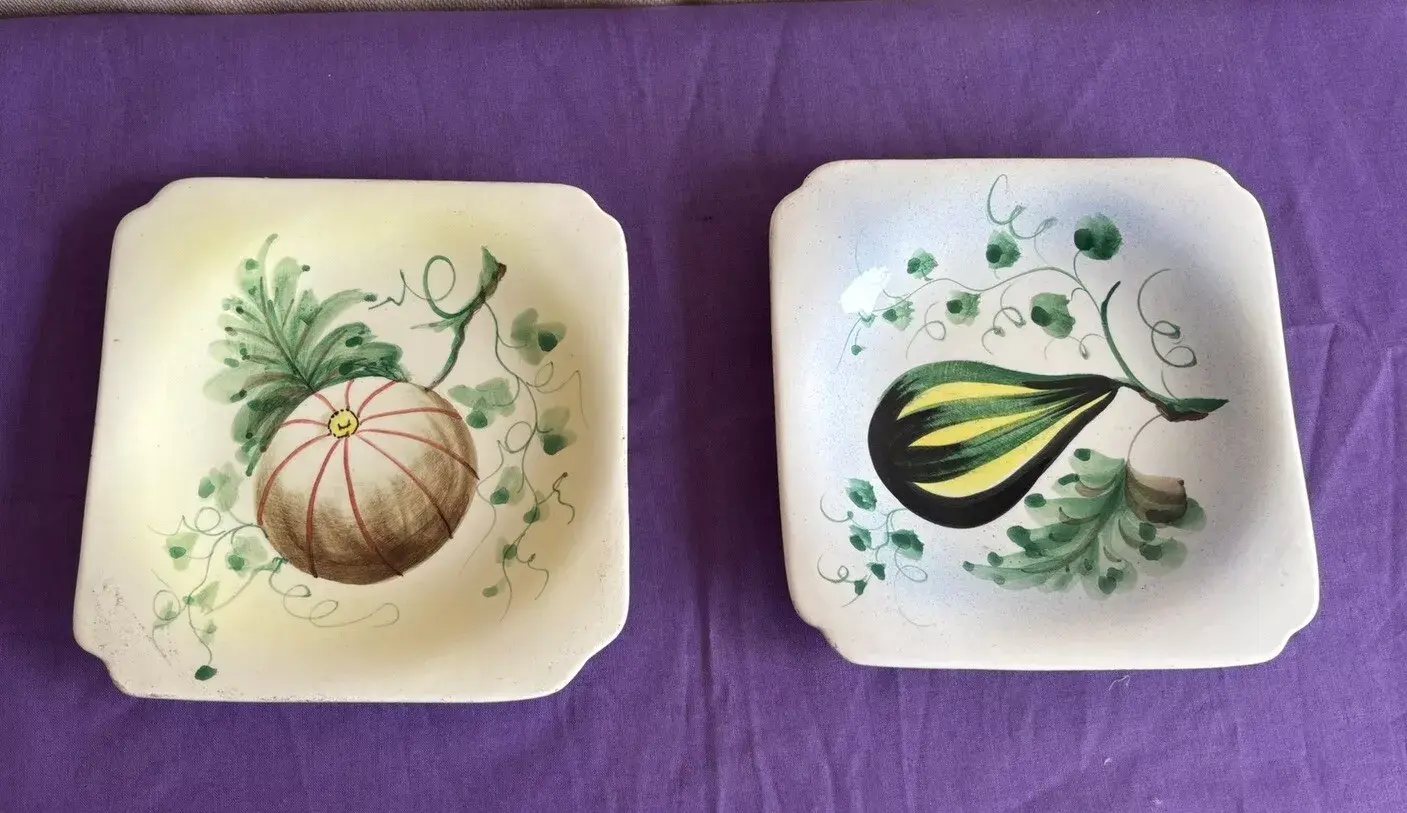 Pair of hand painted veg designed square plates