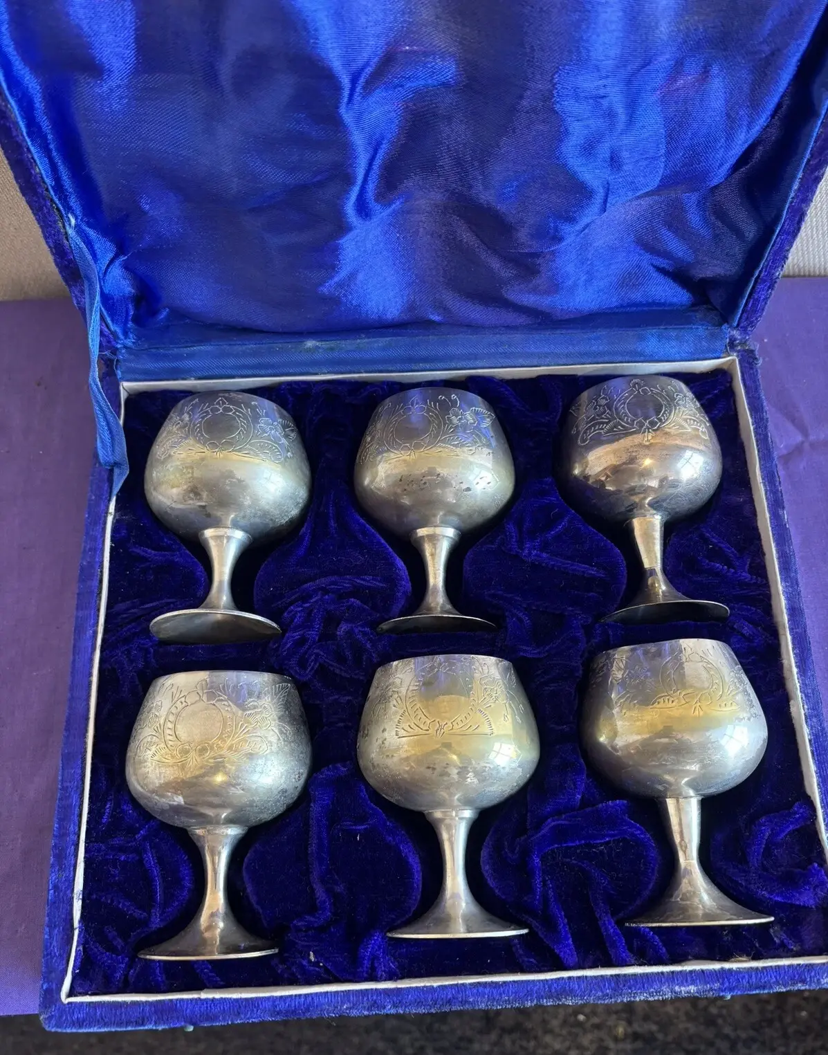 Set Of 6 Vintage Silver Plated Brandy Goblets In A Blue Velvet Presentation Box