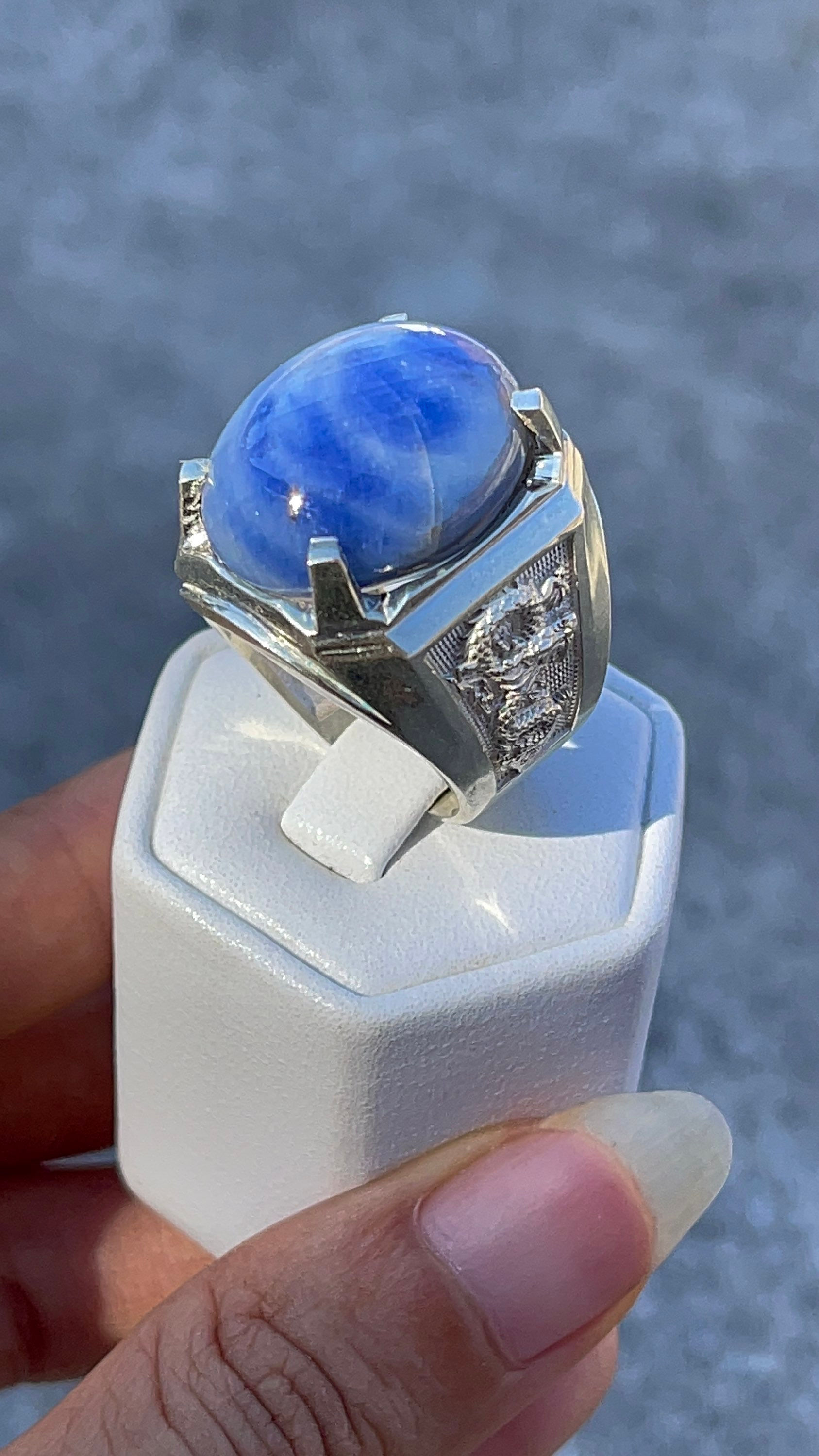 Nhẫn nam sapphire xanh thiên nhiên , bạc cao cấp 01