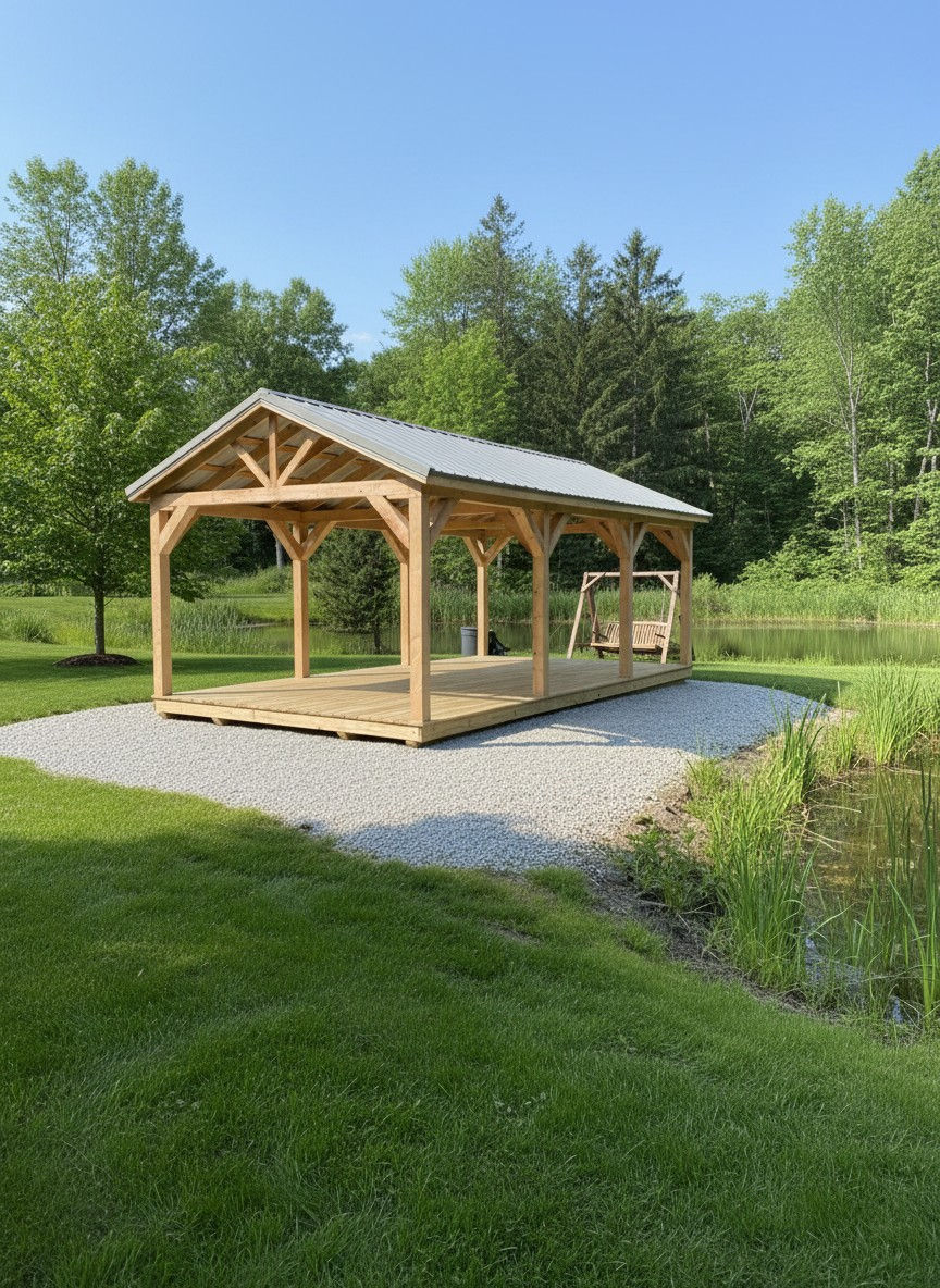 Timber pavilion with a black standing-seam roof, stone chimney, and rocking chairs on a paver patio