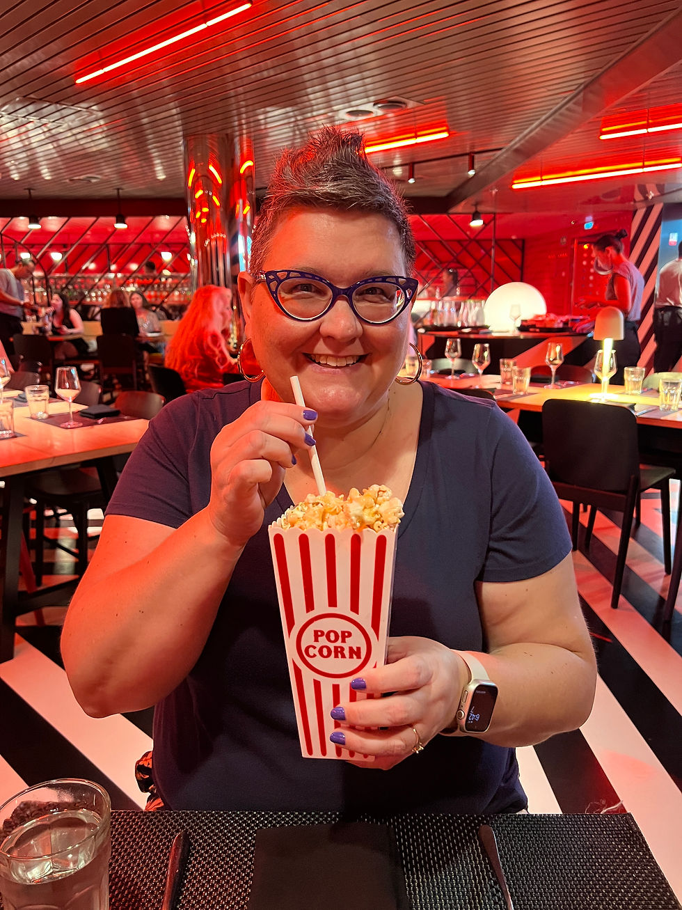 Denise with a Popcorn Beverage
