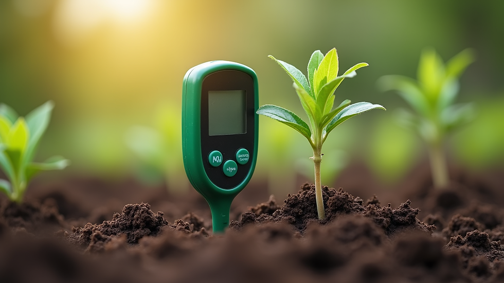 Close-up view of a digital pH soil test meter inserted into garden soil