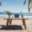 a minimalist creative workspace setup on a rustic wooden table in serene beach like Piha.j
