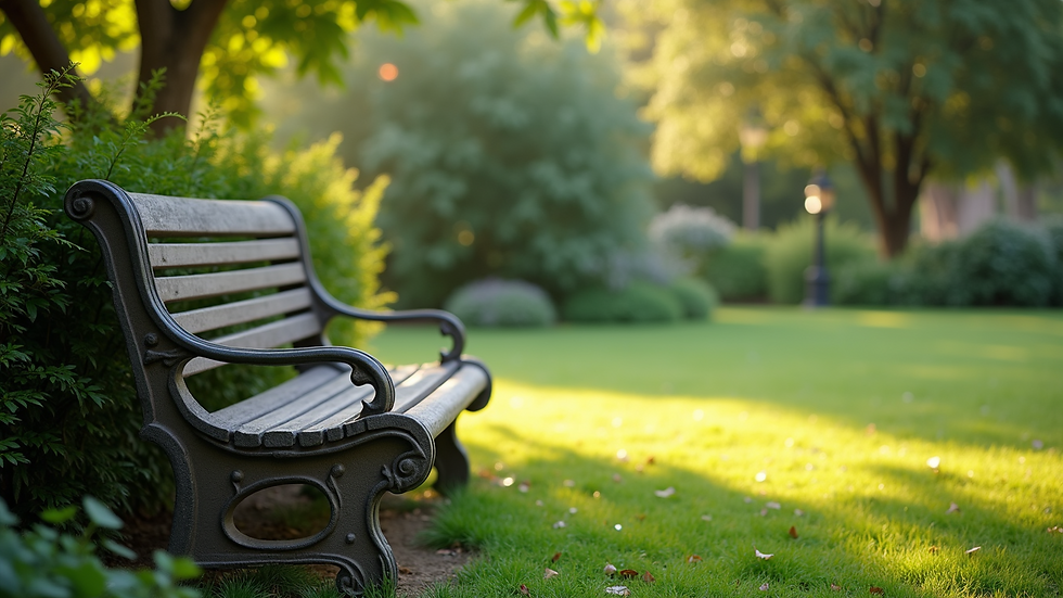 Eye-level view of a serene garden with a bench, symbolizing peace and reflection