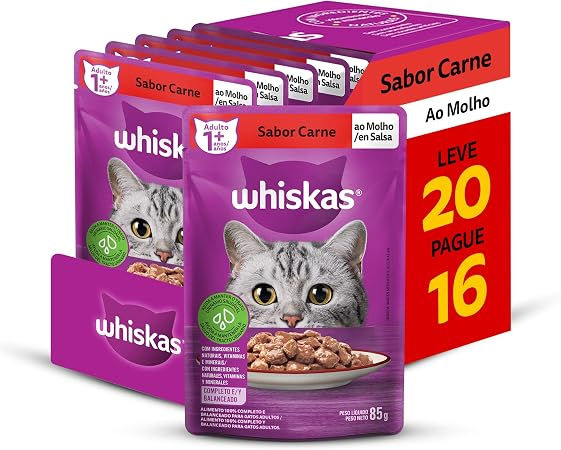 Pack Ração Úmida Whiskas Sachê Carne ao Molho para Gatos Adultos - Leve 20