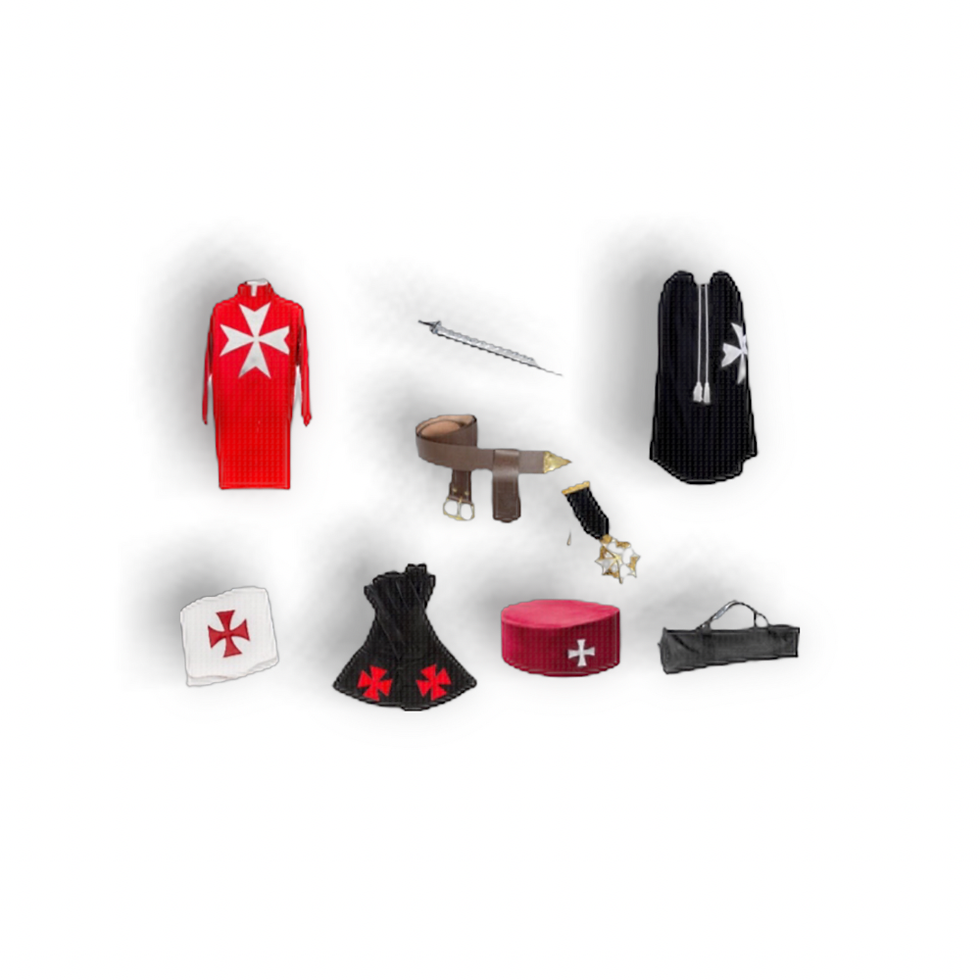 Knights of Malta complete set consisting, tunic, mantle, cap, belt and frog, sword, breast jewel gauntlet, alms bag and case.
