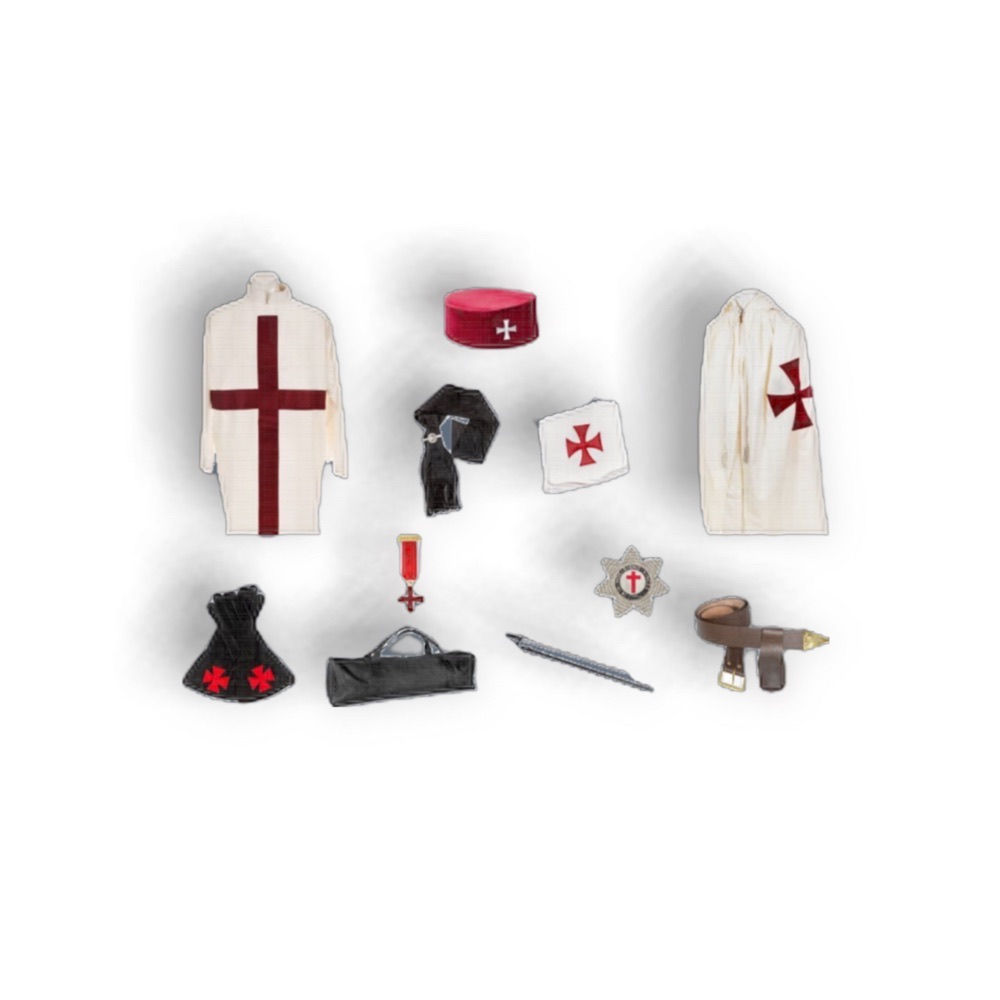 Knights templar complete set including mantle, tunic, sword and belt, gauntlets, cap and accessories.