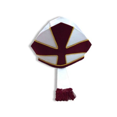 A preiest's mitre in white with a red cross.
