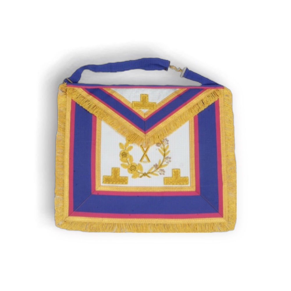 Mark grand rank dress apron in lamskin trimmed with royal blue and crimson ribbon with gold edging and gold embroidery.