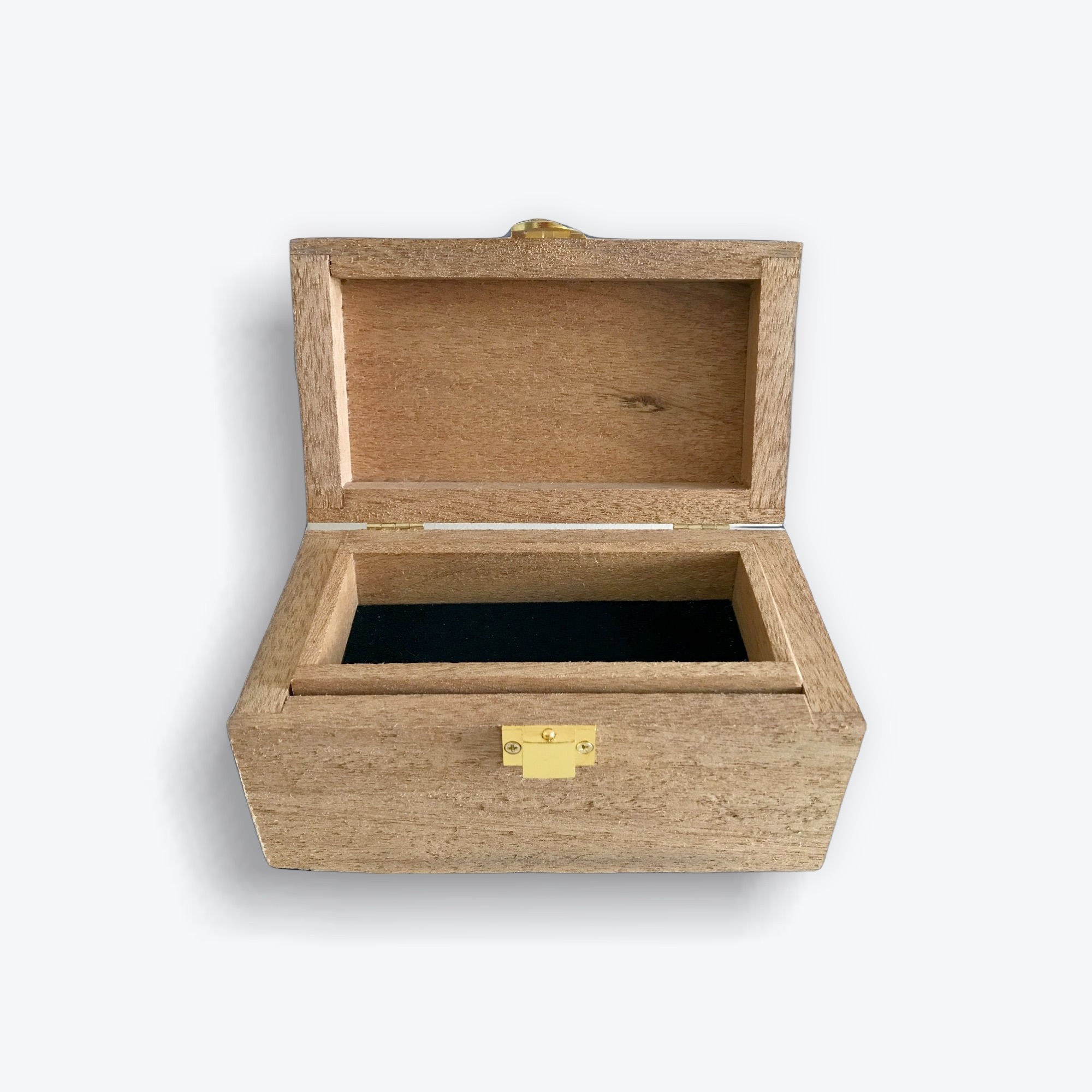 Small jewelllery box with tray and open hinged lid.