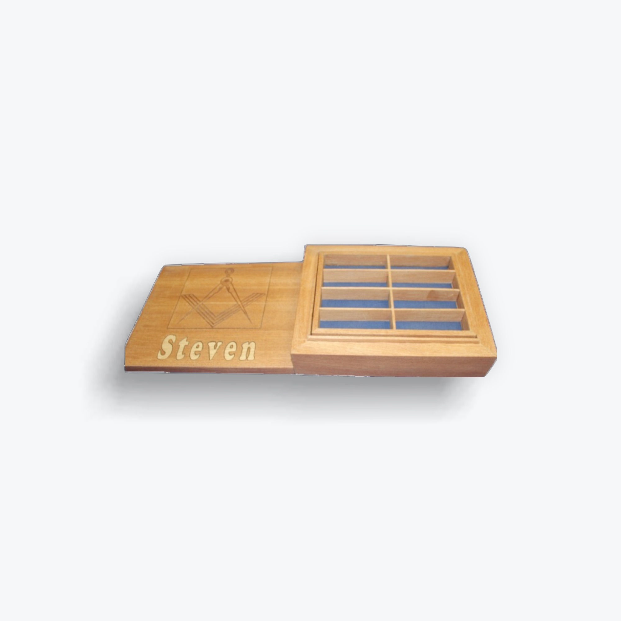 Flat wooden jewellery box with open lid and internal treay.