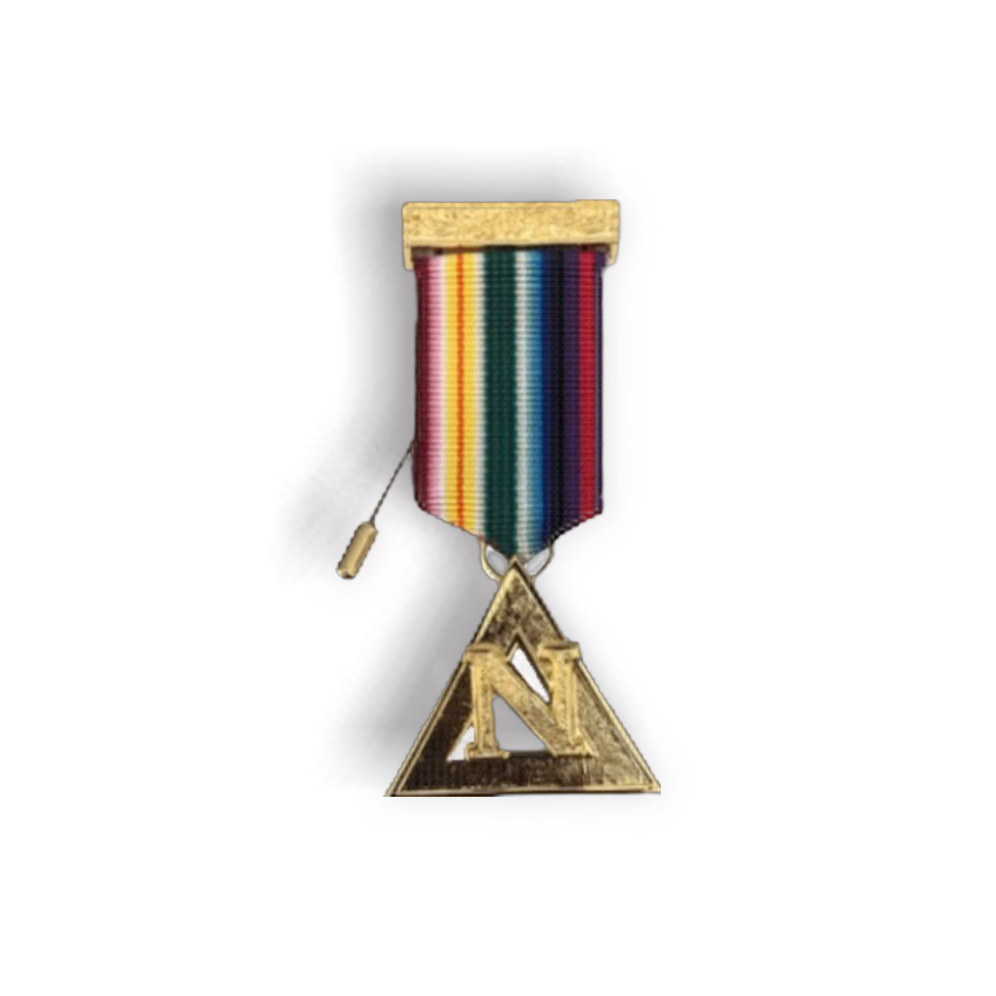 Royal ark mariner grand rank PCN breast jewel of gilt metal on a rainbow ribbon with a triangle surmounted by a capital N.